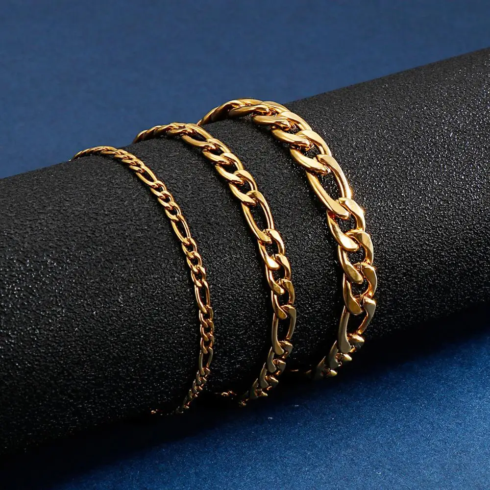 3/5/7mm Metal Gold Color Figaro Link Chain Bracelet  For Men Stainless Steel Fashion  Jewelry