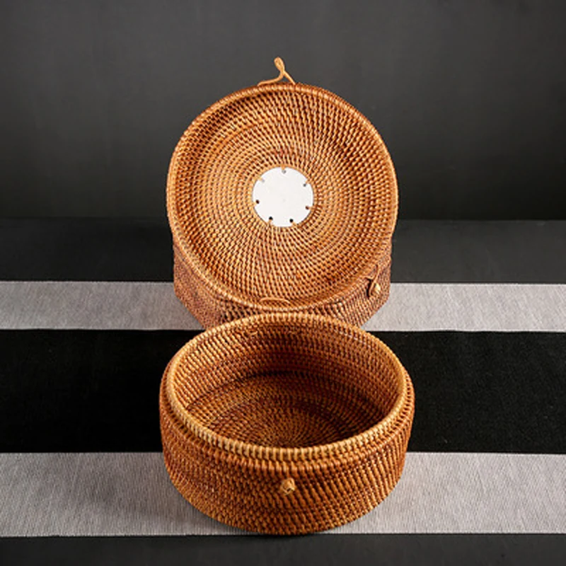 Handmade Rattan Tea Box with Lid, Tea Bag, Storage Organizer, Breathable, Lightproof, Dust-proof, Natural for Puer Tea