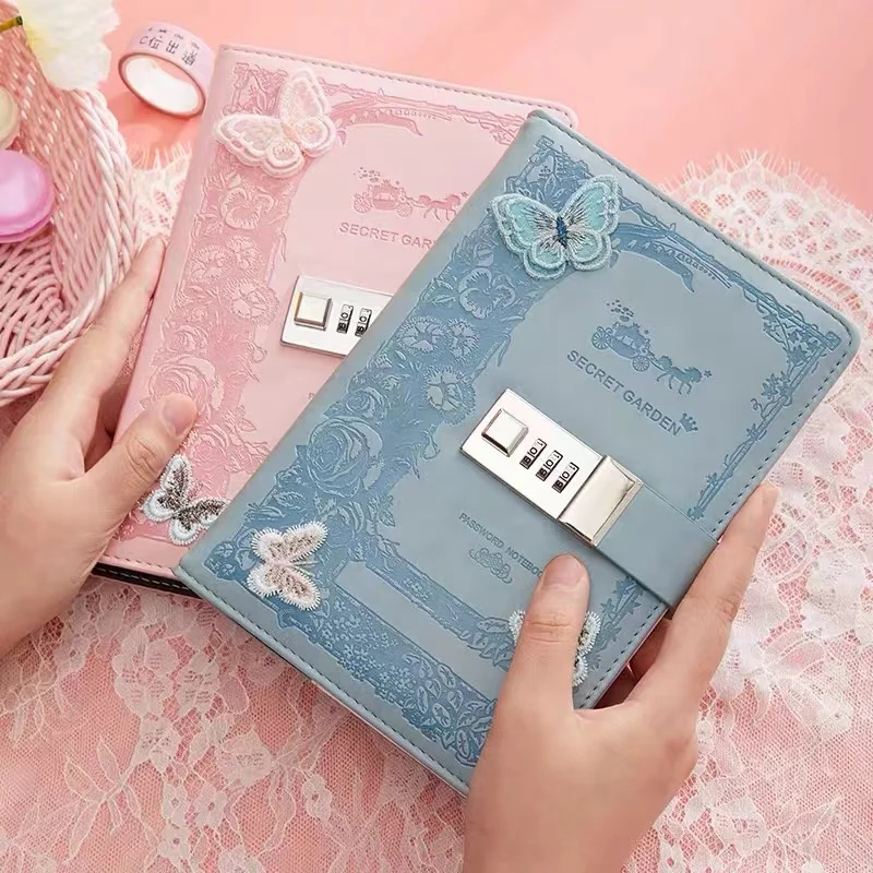 Retro Password Notebook Butterfly modeling with Lock line Diary Journal PU Notepad Planner School Stationery Supplies