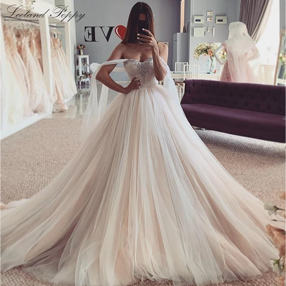 Lceland Poppy Customized A-line Pleated Tulle Wedding Dresses Beaded Floor Length Sleeveless Bridal Gowns