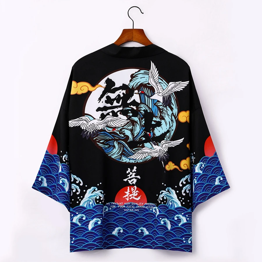 

Black Japanese Kimono Cardigan Men 2020 Yukata Kimonos Shirt Chinese Calligraphy Crane Harakuju Samurai Kimono Karate Haori