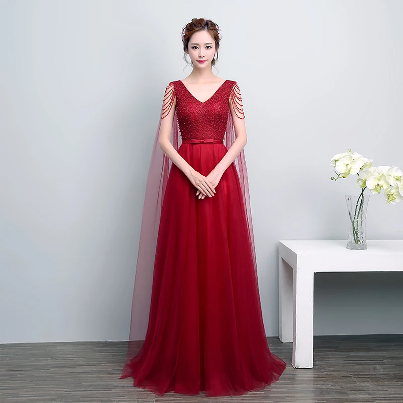 Pearl Mesh Sleeve Pleated Qipao Maxi Burgundy Bride Wedding Party Dress Gown V-Neck Cheongsam Flower Embroidery Beads Vestidos