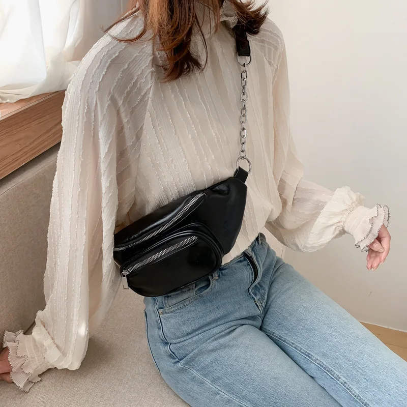 PU Chain Hip Packs Black Fanny Pack Multi-function Fashion Lady White Waist Bag Shoulder Bag Women\'s Belt Bum Bag Pochete Pouch