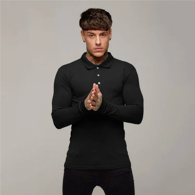 Mens Polo-Shirts Slim-Fit Long Sleeve Leisure Casual Cotton Fashion Brand Fitness Tshirt Autumn Breathable Gym Sports Polo Shirt