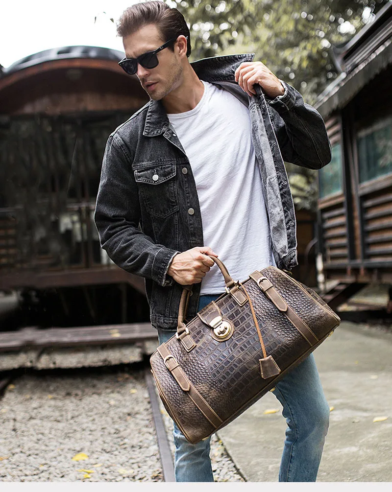 Bolso de viaje de piel de cocodrilo para hombre, bolsa con correa para el hombro, diseño de lujo, carrito de cocodrilo, novedad