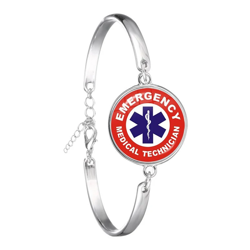 Emergency Medical Technician Paramedic Symbol Logo Chain Bracelet Glass Cabochon Blue Star of Life EMT Sign Bangle For Women Men