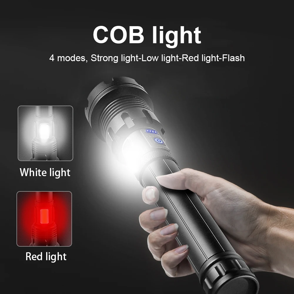 9000 lumen XHP160 Powerful Led Flashlight 18650 XHP90 Torch Rechargeable USB Tactical Flashlight High Power COB Flash Light