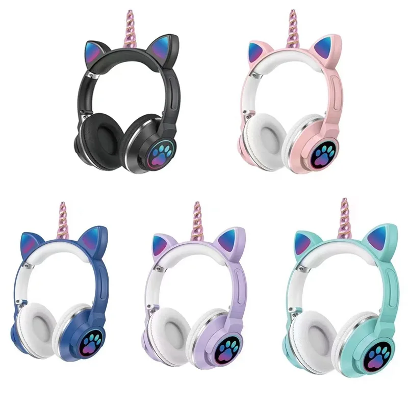 Unicorn bluetooth headphones head-mounted cat ears wireless earphones cartoon cat claw LED music game headset stereo