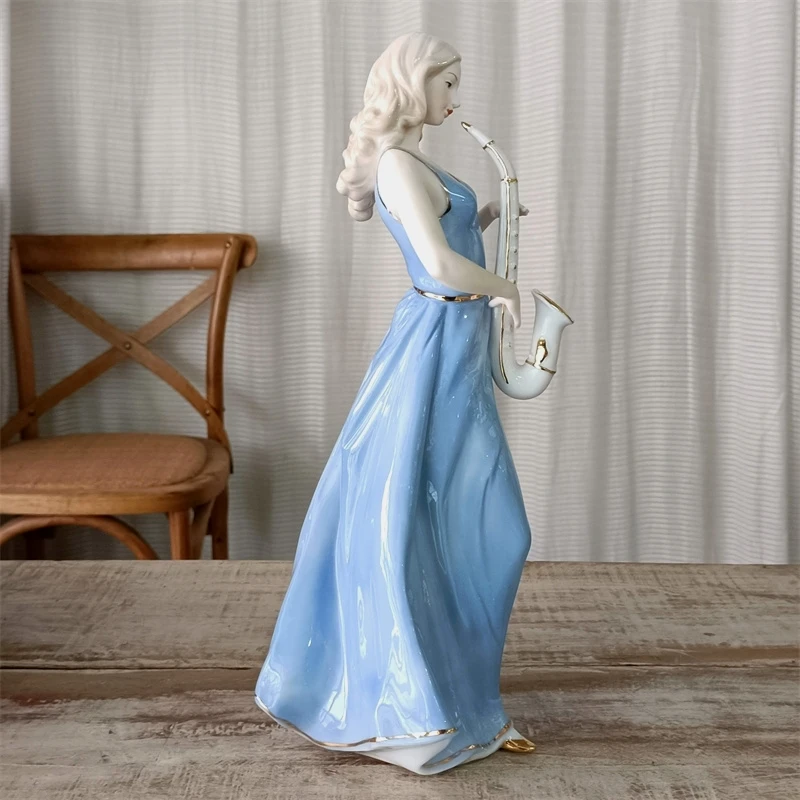 الخزف اليدوية ساكست بوسكير تمثال ، السيراميك حانة الساكسفون ، لاعب فتاة مصغرة ، زخرفة الموسيقار ، ديكور الغرفة ، هدية الحرفية #5