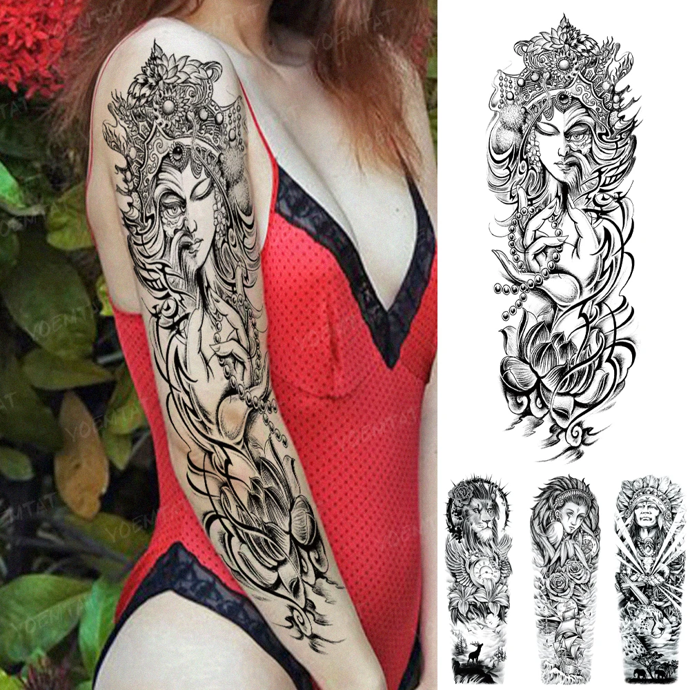 

Large Arm Sleeve Tattoos Buddha Lotus Beauty Demon Black Line Waterproof Temporary Tattoo Sticker Body Art Fake Tatto Woman Man