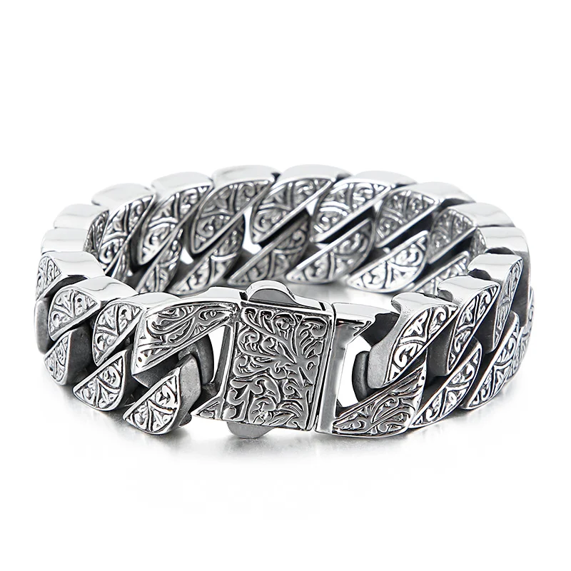 Vintage Curb Cuba Chain Unique Carving Stainless Steel  Bracelets For Men Punk Link Jewelry