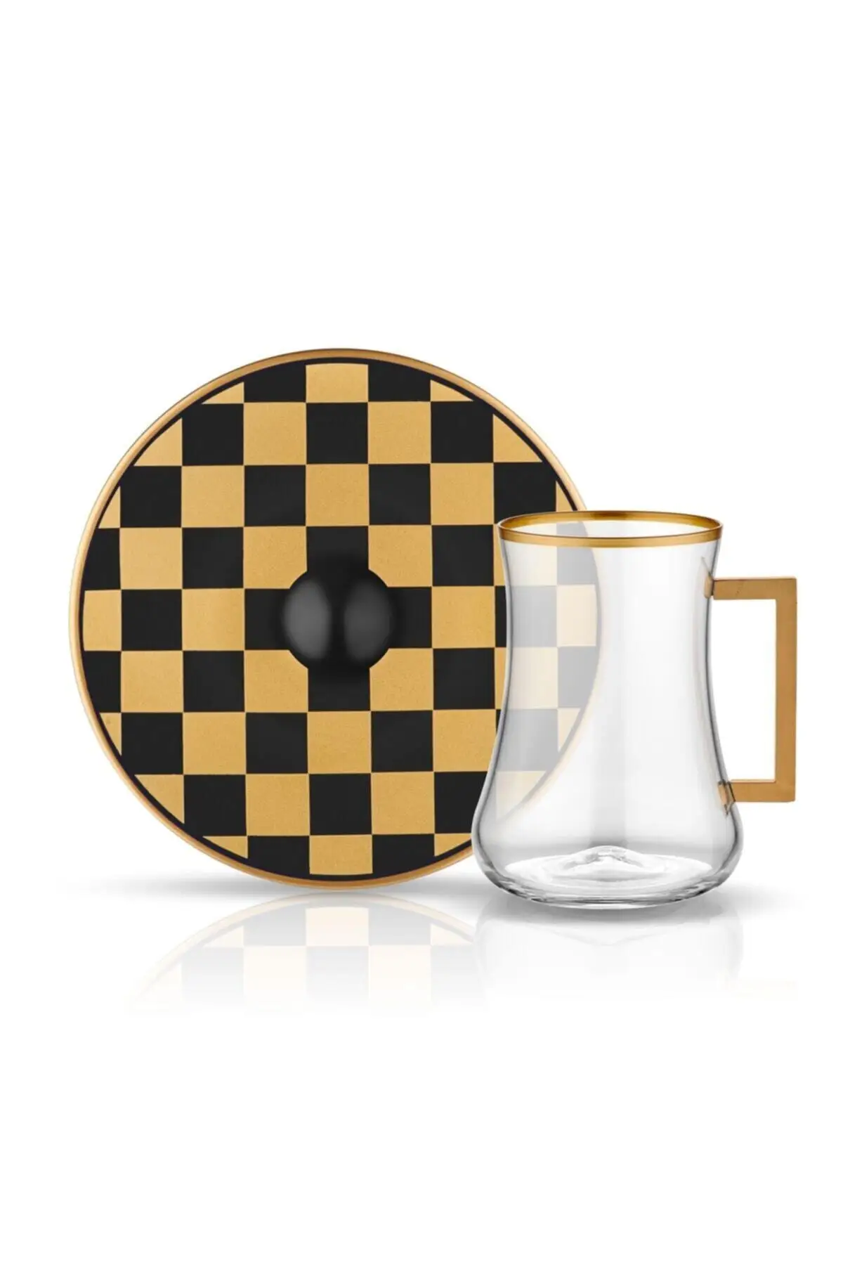 Uras Dervish Checkerboard Black Gold 6 Personality 12 Piece Handle Tea Kit (42072) English Tea Cup Glass Cup