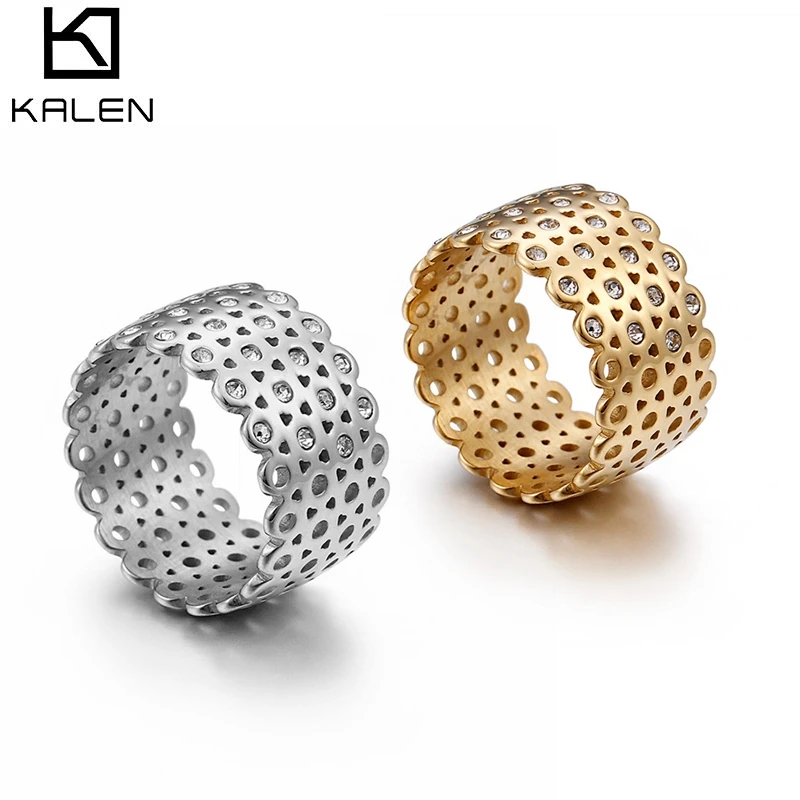 KALEN Stainless Steel Bulgaria Gold Color Rings For Women 12mm Width Rhinestone Grid Charm Finger Rings  Wedding Band Jewelry