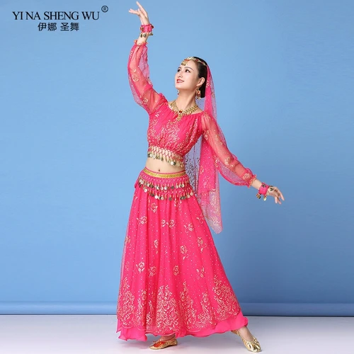 Imagen 2 del producto Conjunto de disfraz de Bollywood para mujer, vestido de danza india, Sari, traje de danza del vientre, ropa de actuación, Top de gasa, falda y cadena de cintura, 8 Uds.