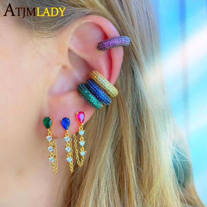 New Arrive Rainbow Colorful Cubic Zirconia No Piercing Clip On Earrings For Women Girls 1 Piece All Around Cz Paved Ear Cuff