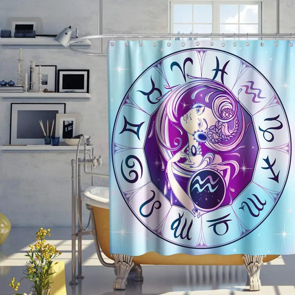 Aquarius Theme Fabric Black and White Shower Curtain