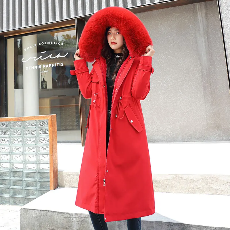 

Women's Parkas Long Solid Hooded with Fur Detachable Cotton Liner Ladies Winter Jacket Zipper Embroidery Clothing for Female