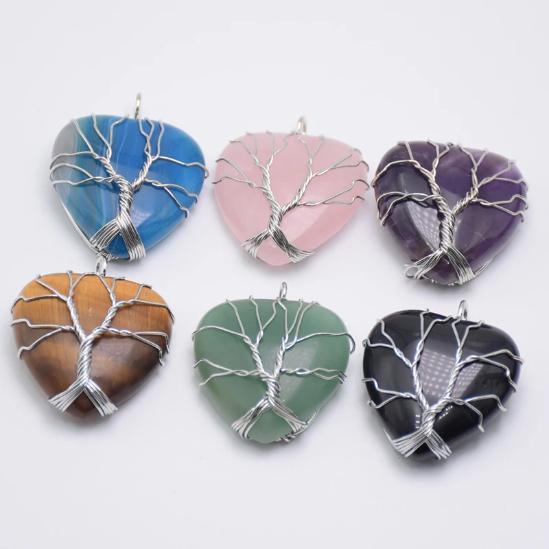 Tree of Life Wire Wrapped Love Heart Pendant Women Girl Suspension Natural Gem Stone Tiger Eye Pink Quartz Black Onyx Necklace