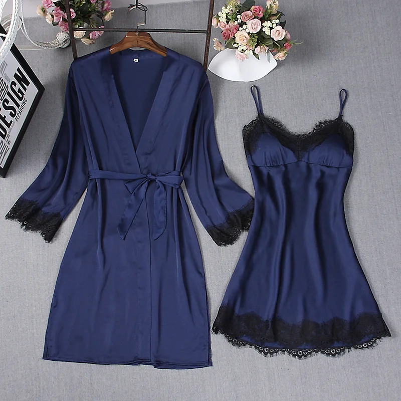 Navy Blue 3 Three Pcs Pajamas Sleep Set Womens Strap Top Pants Suit Night Robe Sleepwear Kimono Gown Casual Autumn Nightwear