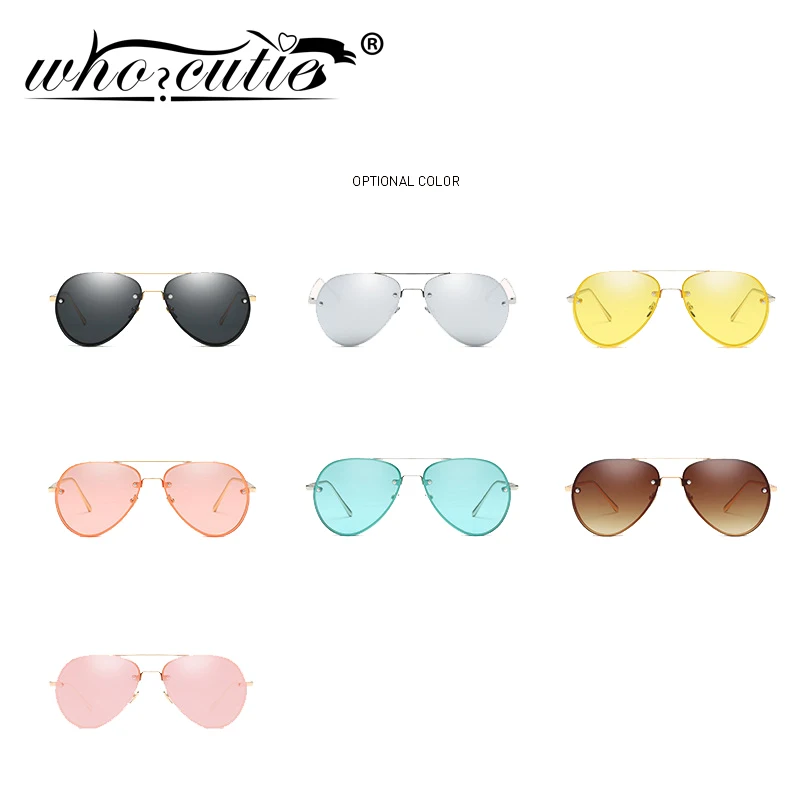 WHO CUTIE Classic Women occhiali da sole pilota senza montatura Designer di marca moda giallo tinta lente specchio rosa occhiali da aviazione UV400