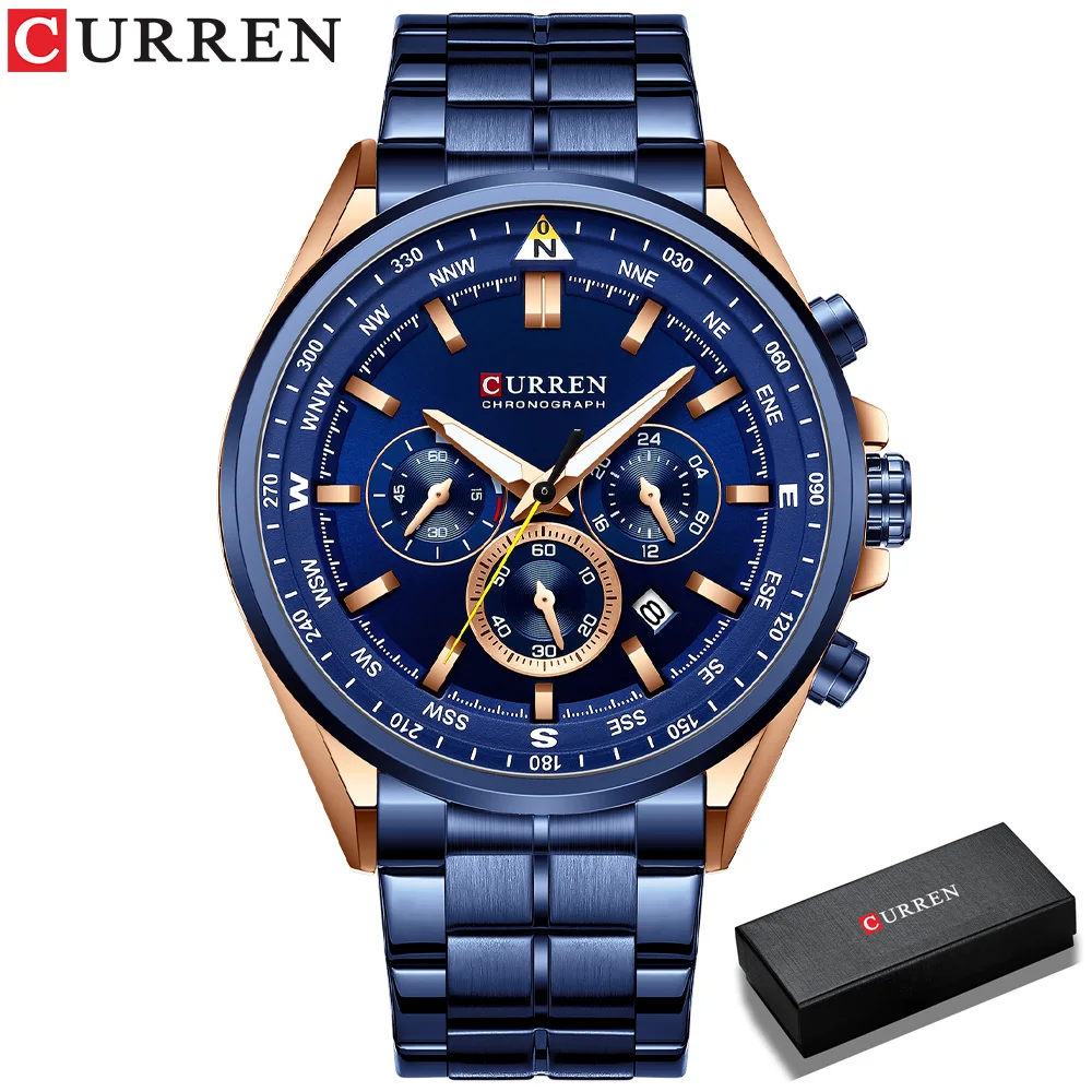 CURREN Luxus-Armbanduhren für Herren, Edelstahl, Quarz-Armbanduhren mit Chronograph, lässige Sportuhr 3