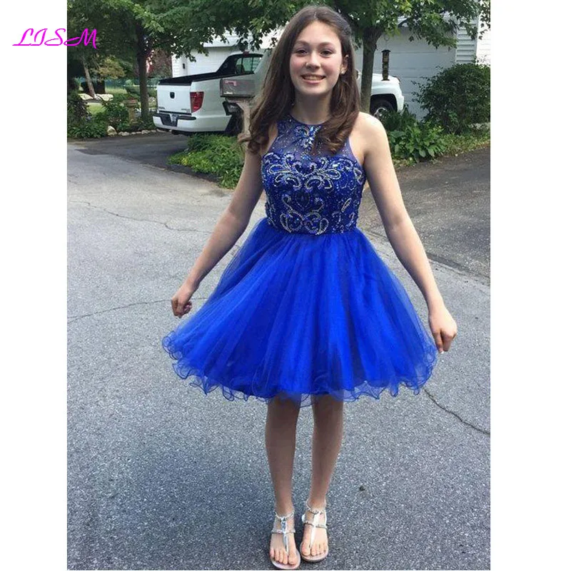 Beaded Short Homecoming Dresses Jewel Neck Open Back Cocktail Dress Royal Blue Tulle Knee Length Sweet 16 Party Gowns