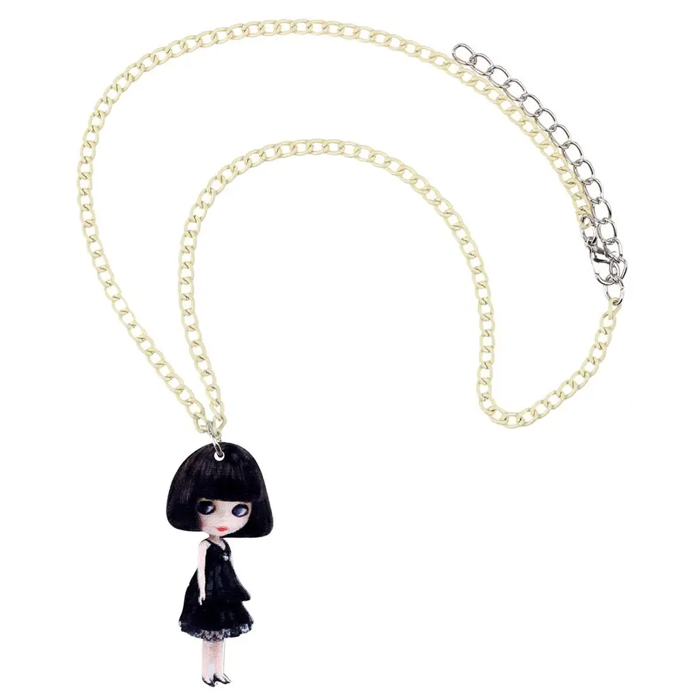 Bonsny Acrylic Black Short Hair Dress Girl Doll Necklace Pendant Choker Fashion Jewelry For Girls Lady Teen Charms Gift 2019 Hot
