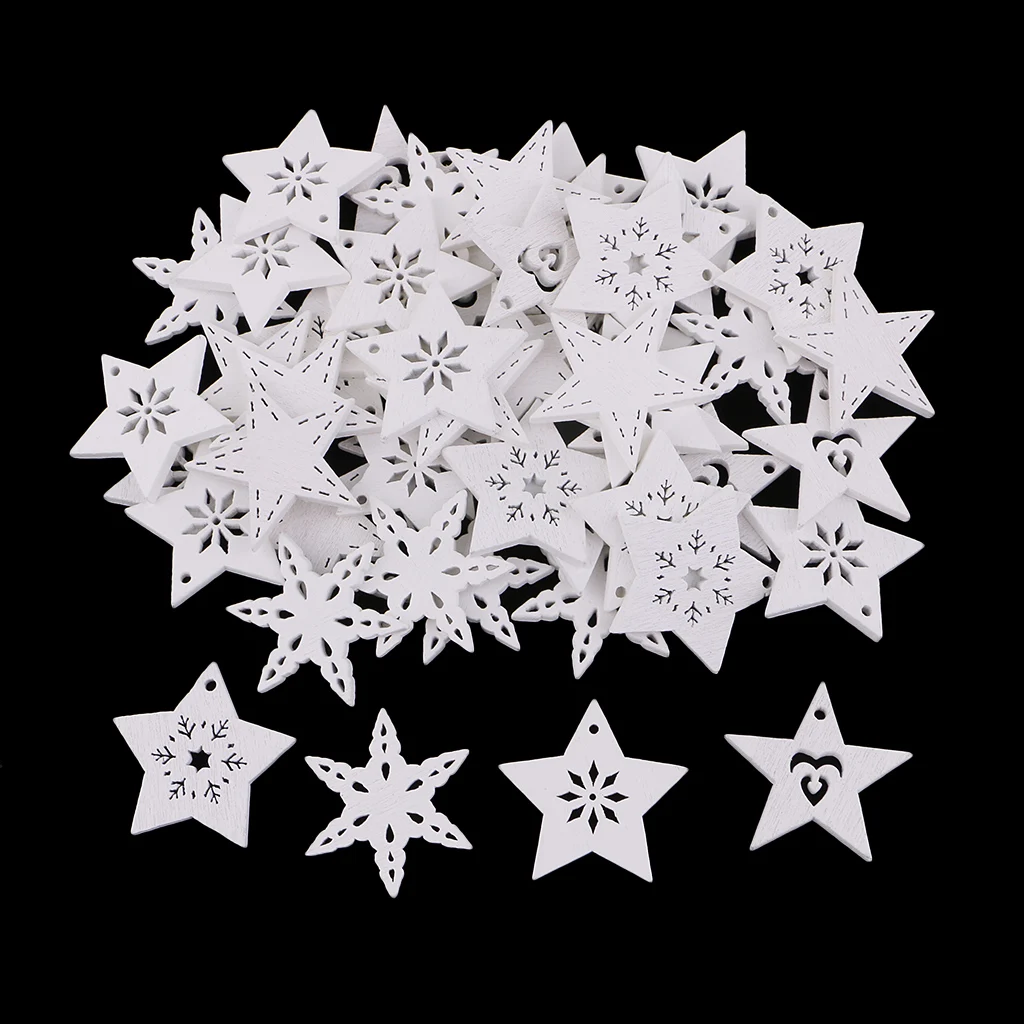 50pcs White Stars Wood Scrapbooking Crafts DIY Xmas Tree Hanging Decorations