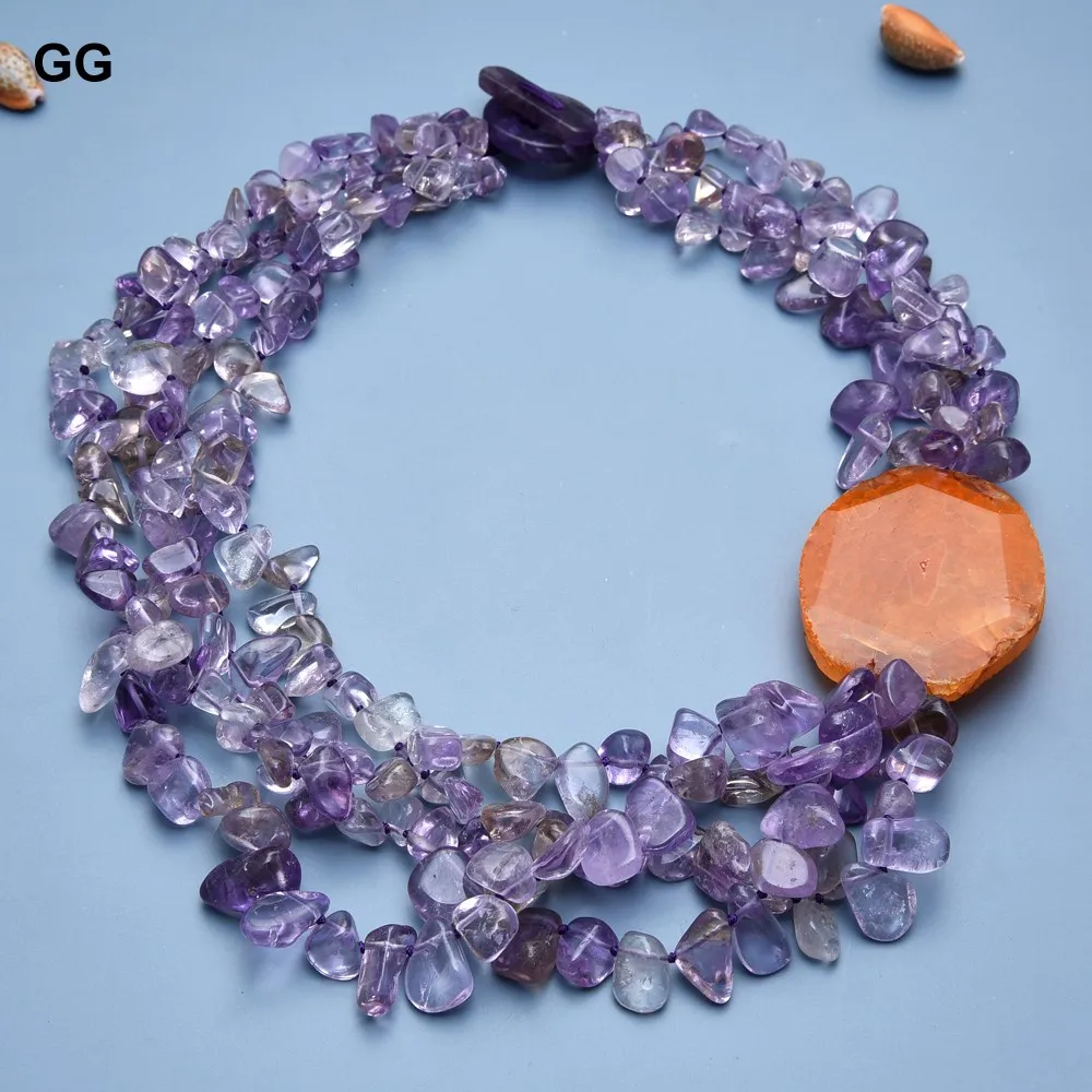 GG 20\'\' 4 Rows Beautiful Natural Purple Amethyst Nugget Beads Orange Agate Chunk Necklace For Women