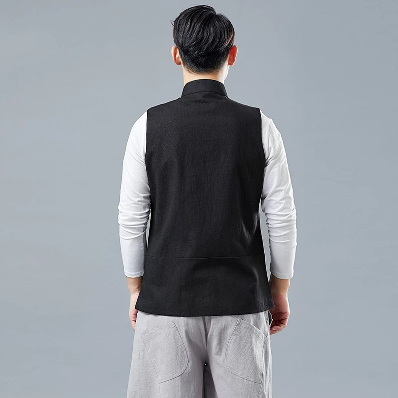 LZJN 2024 Men's Summer Waistcoat Chinese Style Print Patchwork Linen Button Down Kung Fu Shirt Sleeveless Vest Jacket