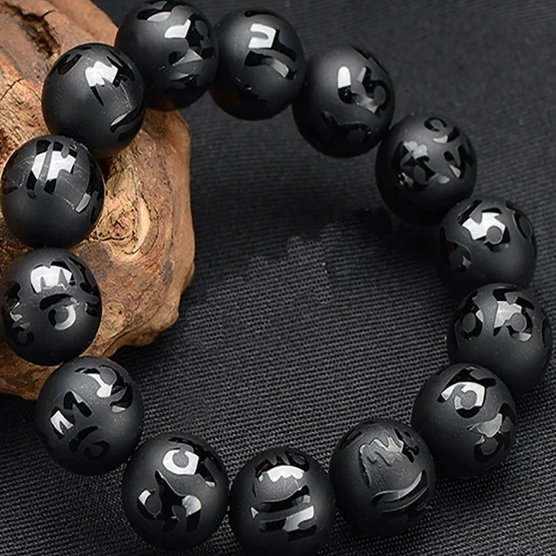 

Natural Stones Black Onyx Six-Word Mantra Bracelet Scrub Single Circle Beads For Men and Women Jewelry Strand Bracelet