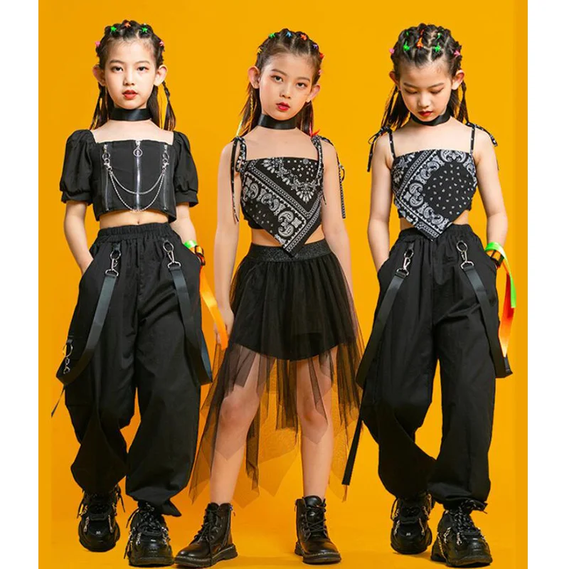 Vêtements pour enfants, Punk Hip Hop, col carré, manches bouffantes, t-shirt court, jupe en maille plissée, pantalon pour filles, ensemble de