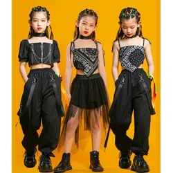 Vêtements pour enfants, Punk Hip Hop, col carré, manches bouffantes, t-shirt court, jupe en maille plissée, pantalon pour filles, ensemble de costumes de Jazz et de danse