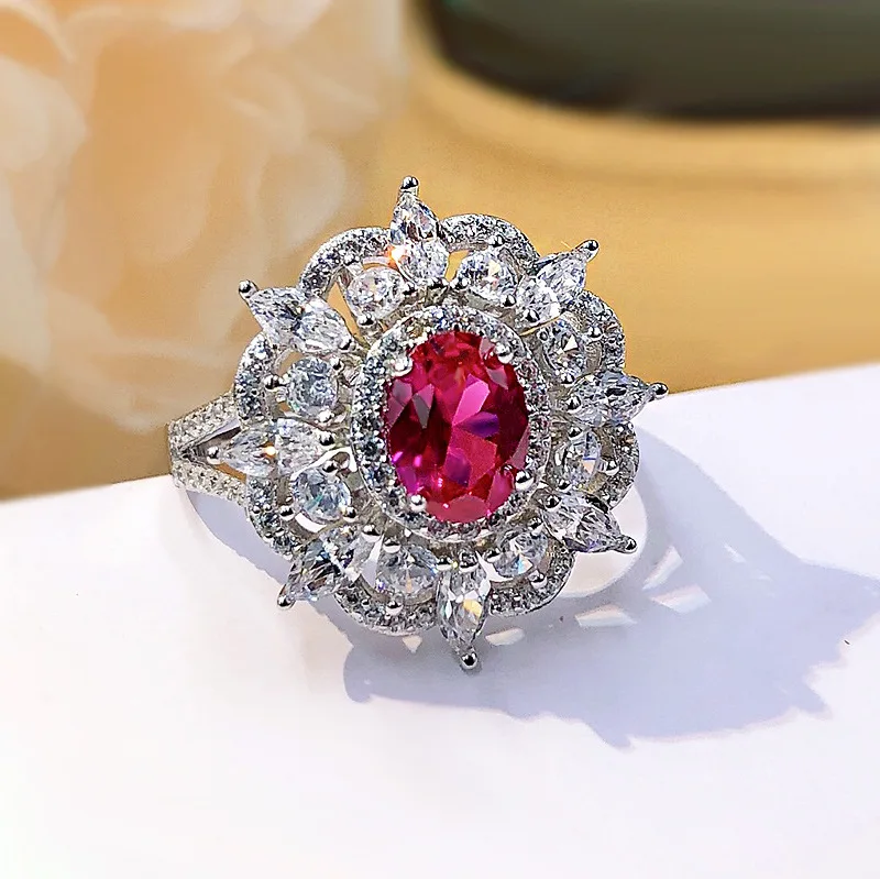 Luomansi New Solid S925 Sterling Silver Red Corundum Gemstone Retro Ring Sparkling Jewelry Party Woman Gift