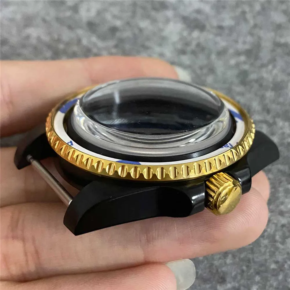 40mm SUB Watch Case PVD Black Gold Shell Magnifier/Bubble Sapphire Glass For NH35/NH36 Automatic Movement