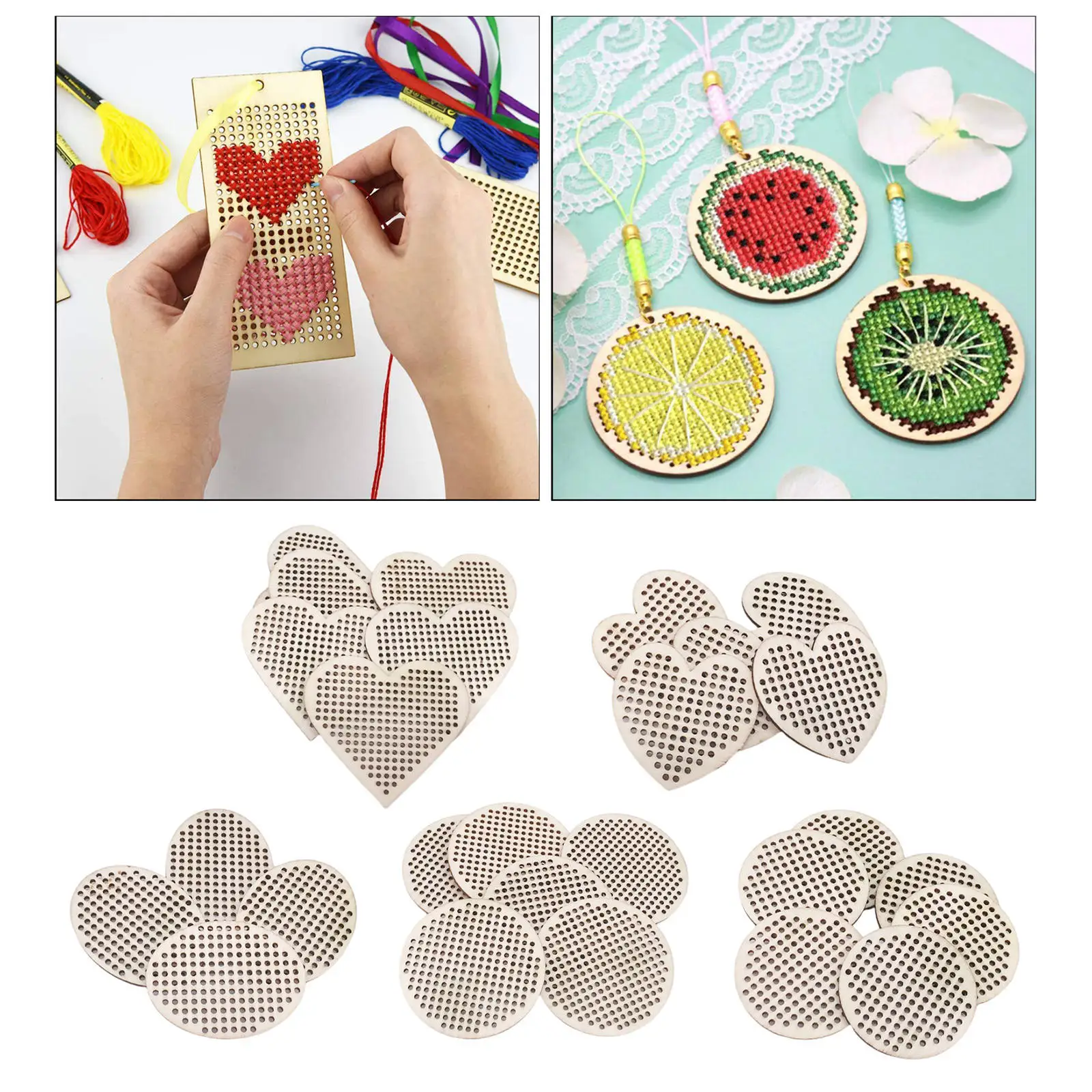 30x Multi-holes Cross Stitch Pendant Blank Natural Oval Round Heart for Crafts DIY Counted Embroidery Adults Beignner Supplies