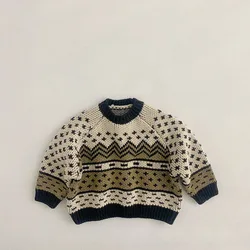 Autumn Winter Kids New Clothes Pullover Long Sleeve O-Neck Knitting Color Block Casual Sweater