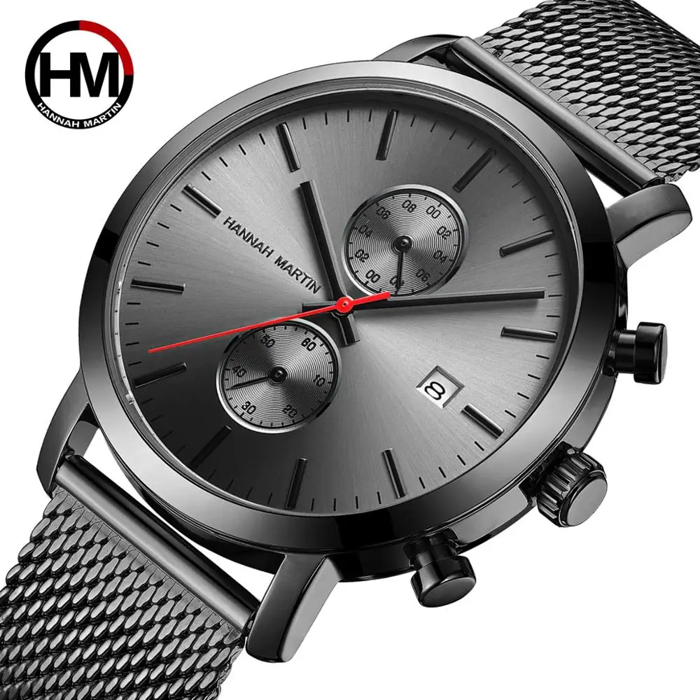 Black Multifunction Chronograph Stainless Steel Mesh Band Waterproof  Men Big Dial Top Brand Luxury Watch Men Fashion Watches