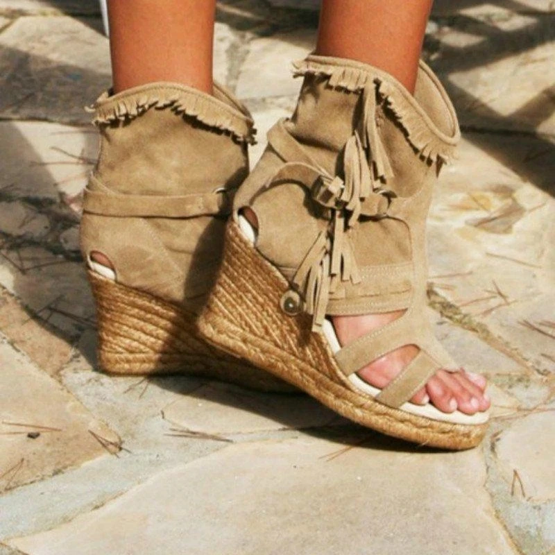 Botines bohemios de piel de ante para mujer, zapatos de tacón alto Vintage, sandalias recortadas, Sandalia de talla grande