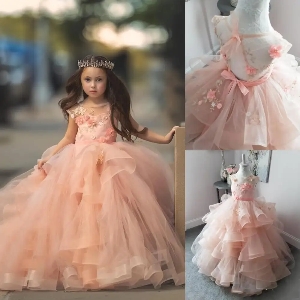 Vestido rosa de flores para niña, traje de fiesta con cuello transparente, apliques de flores 3D, 2020