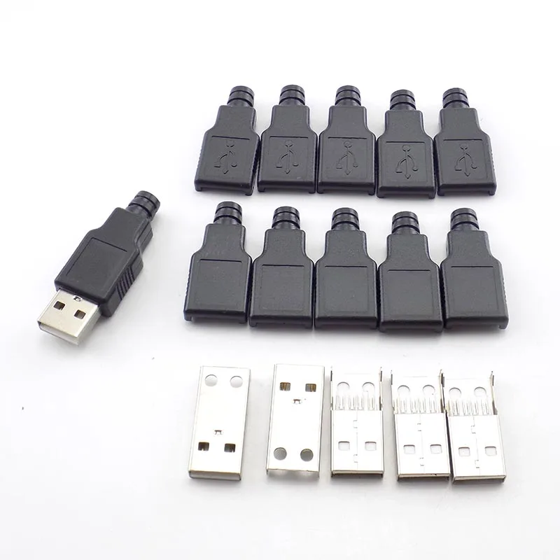 Conectores USB tipo A macho, enchufe de 4 pines con cubierta de plástico negro, soldadura 2,0, conector USB DIY 5V 1.5A-2A, 10 Uds.