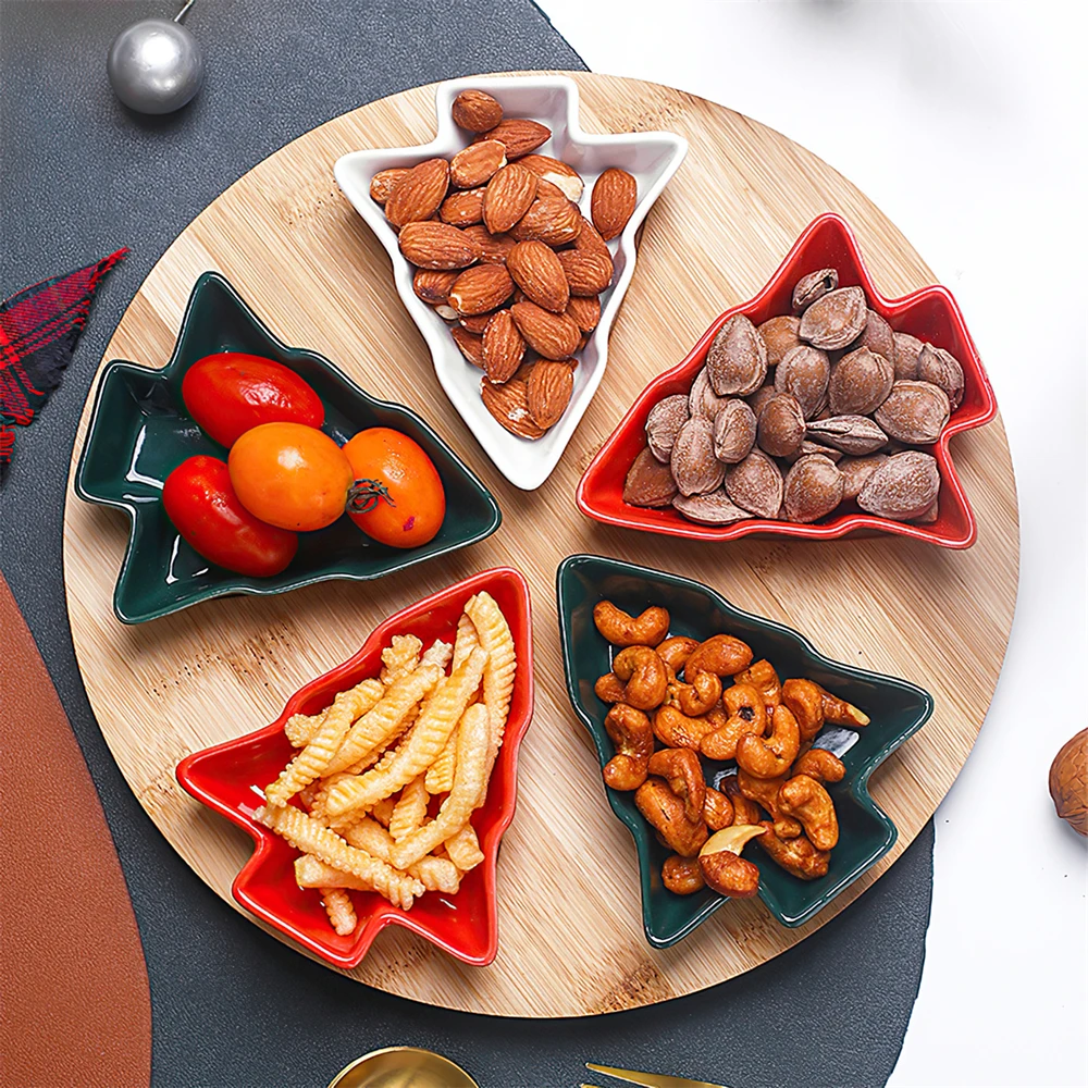 

Solid Wood Rotatable Tray Creativity Ceramics Christmas Tree Snack Platter Dried Fruit Snack Fruit Storage Tray 5 Grid Plate