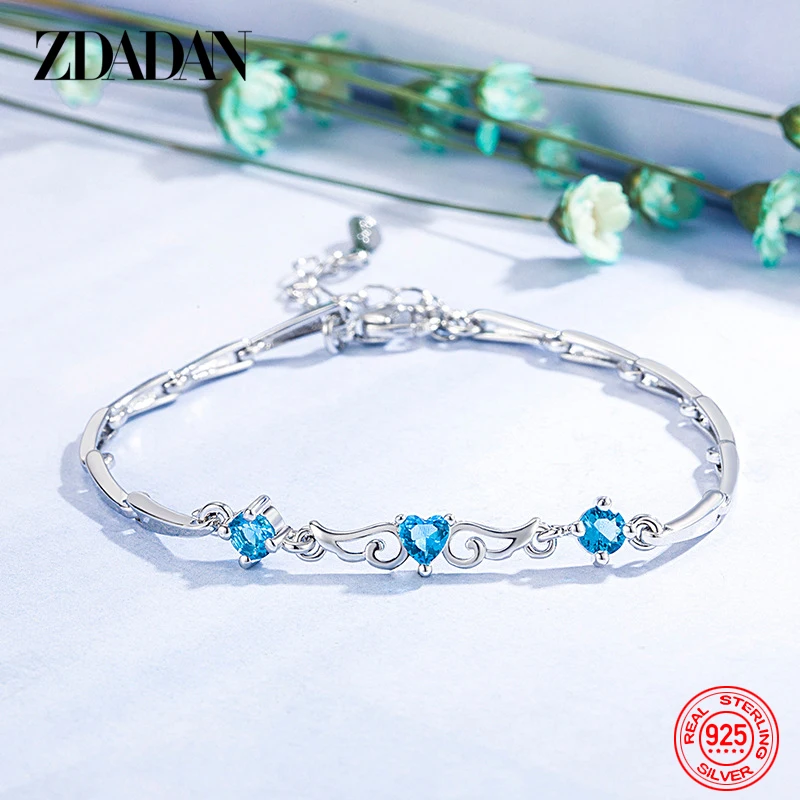 

ZDADAN 925 Sterling Silver Blue Heart Crystal Bracelet For Women Fashion Gift Wedding Jewelry