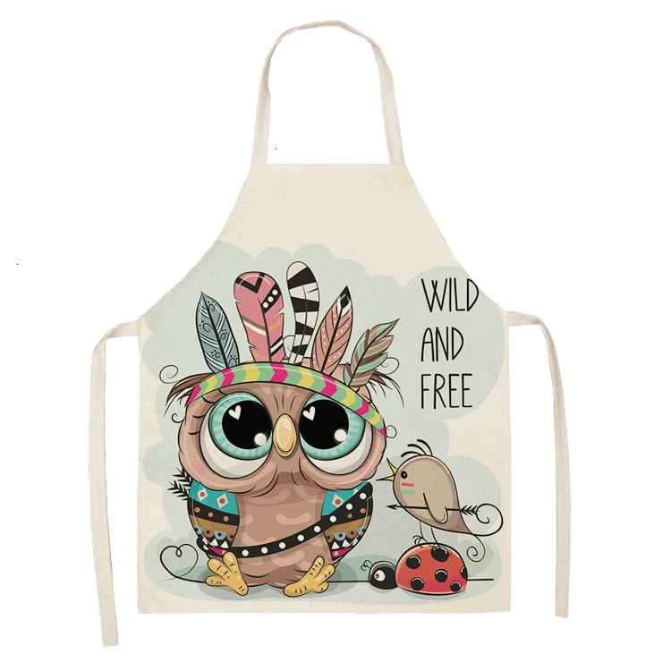 New Owl Flower Cartoon Pattern Printed Cotton and Linen Female Apron Household Daily Kitchen Cooking and Baking Oil-proof Bib