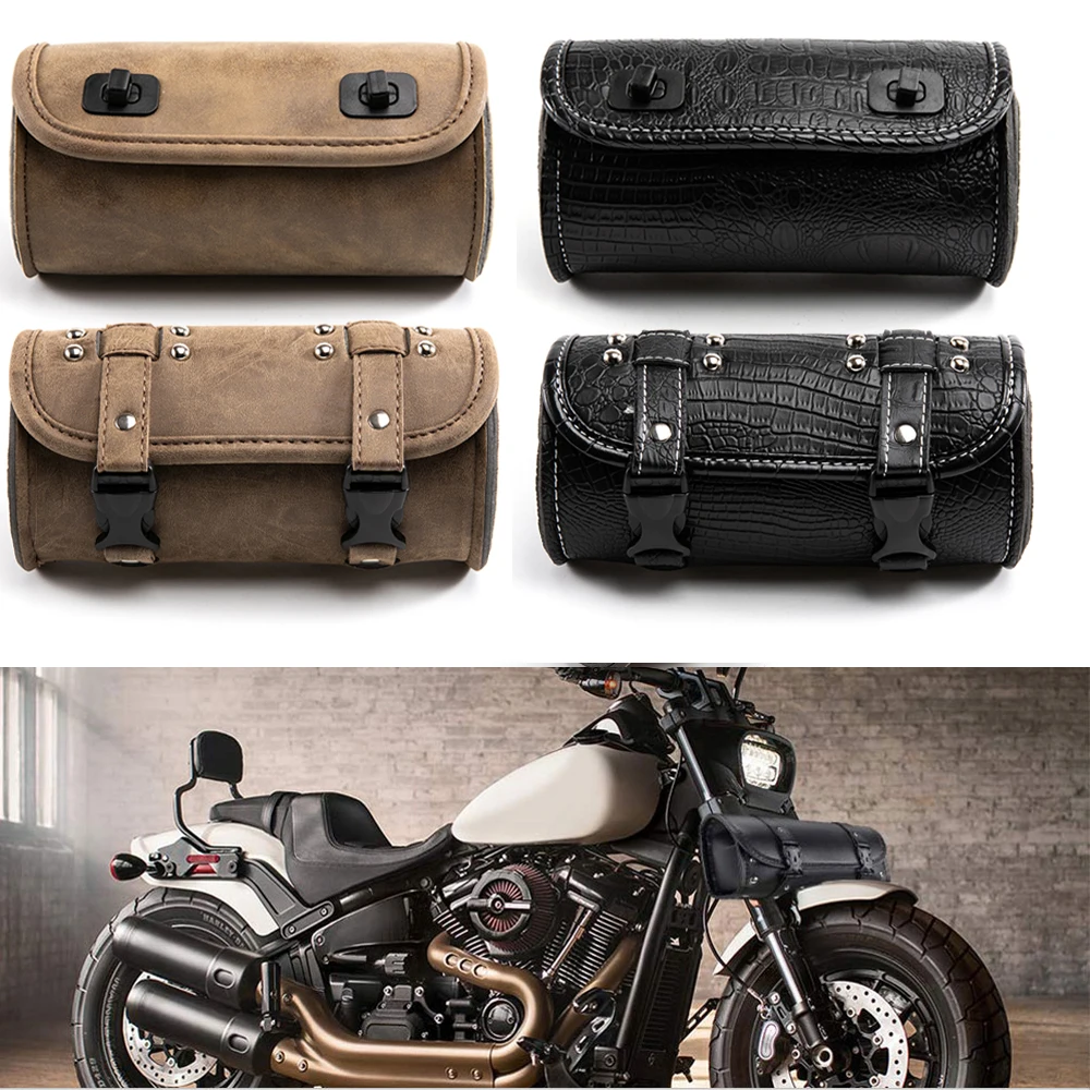 

For Harley Sportster Chopper Bobber Cruiser Dyna Softail Saddlebag Leather Saddle Luggage PU Bags Front Fork Tool Bag toolbag