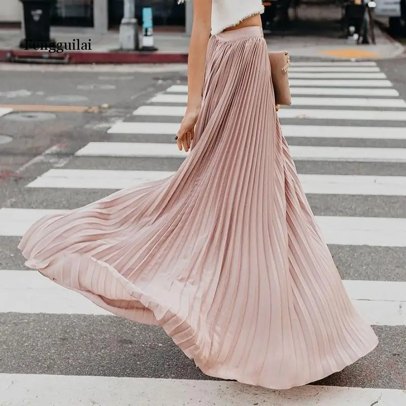 New Spring Summer High Waist Pleated Skirt Women Chiffon Skirt Long Skirt Solid Big Size Young Ladies Party Saia Femme 3xl