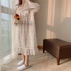 Autunm Women Loose Cotton Linen Sleepdress Lace Ruffles Nightdress Chic Girls Spring Sweet Long Sleeve Floral Printed Nightgown