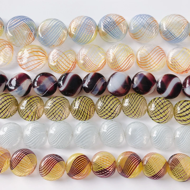 

Vintage Colored Glaze Colorful Stripes Loose Beads Oblate Straight Hole Hollow Pendant Beaded for Jewelry Making