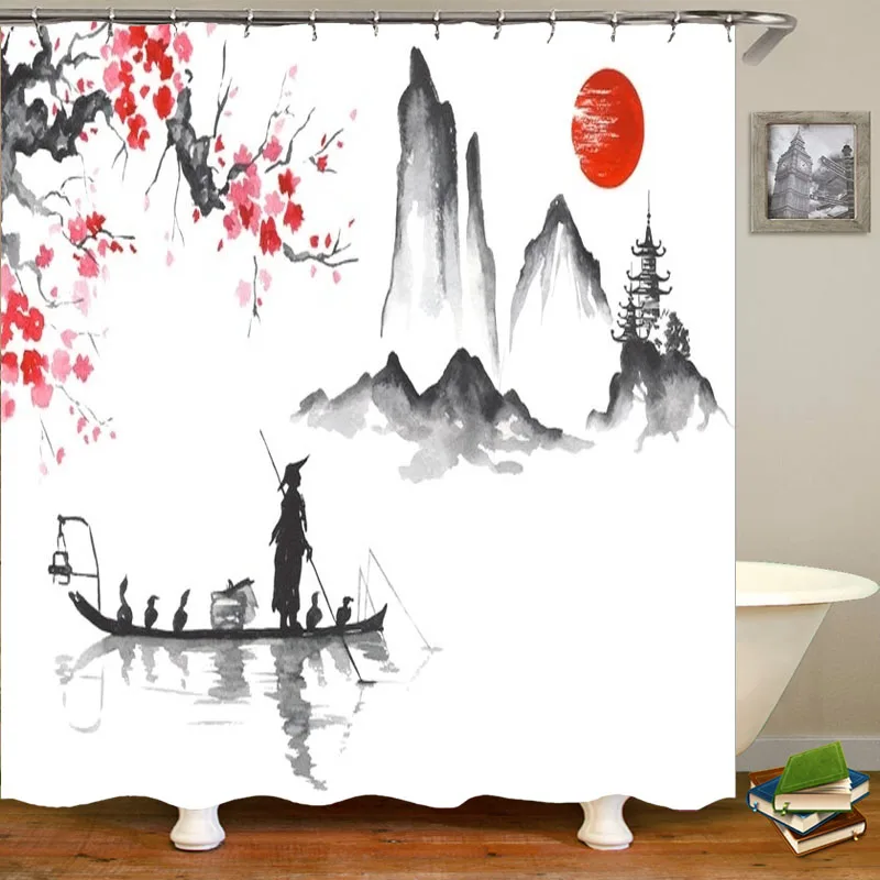 Japan Traditional Japanese Ink Painting Shower Curtains Vintage Sumi-e Art Man with boat Waterproof Bath Bathroom Curtains Decor