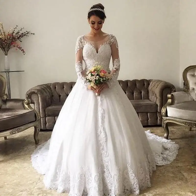 Vestido de novia de gasa con escote en V, manga larga, Espalda descubierta, con tren de barrido, 2020